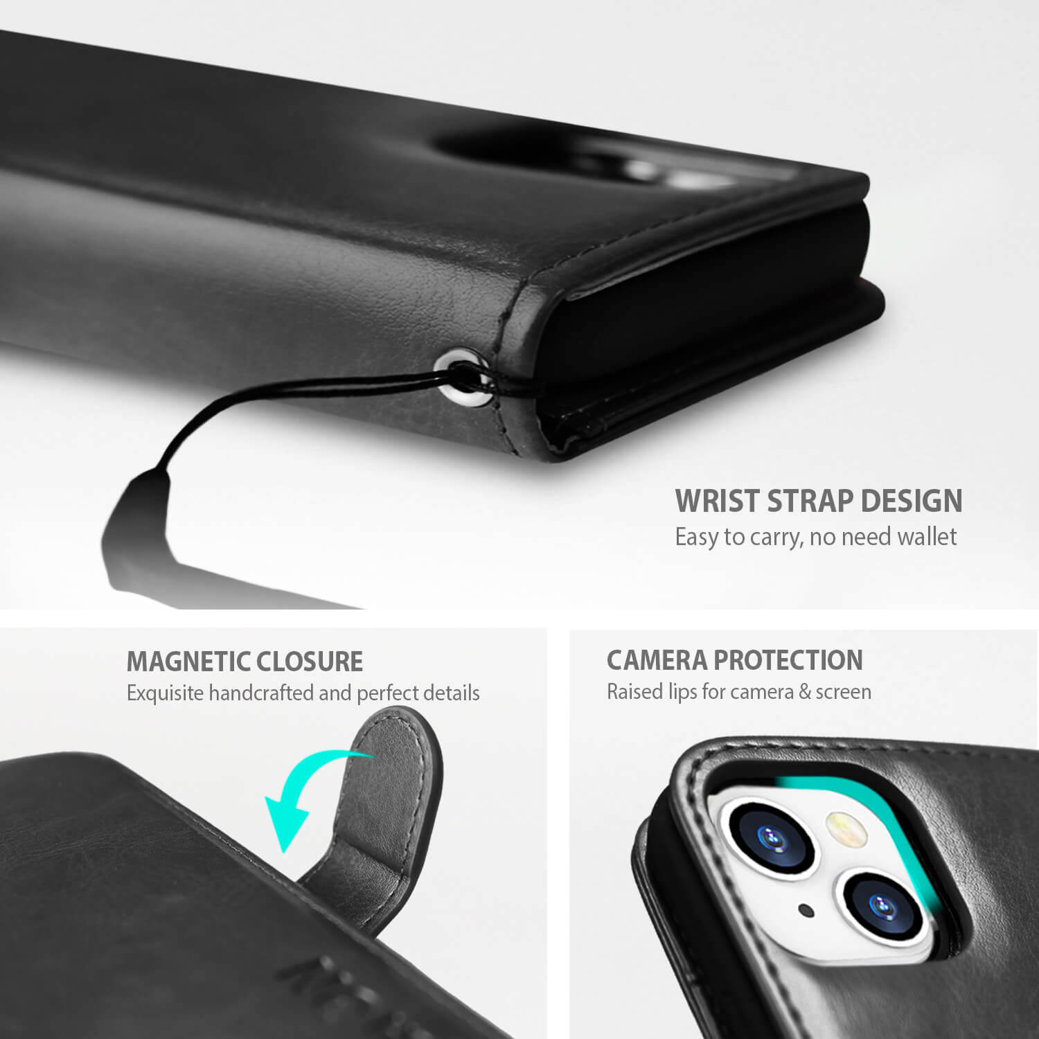 Tough On iPhone 14 Case Magnetic Detachable Leather Black