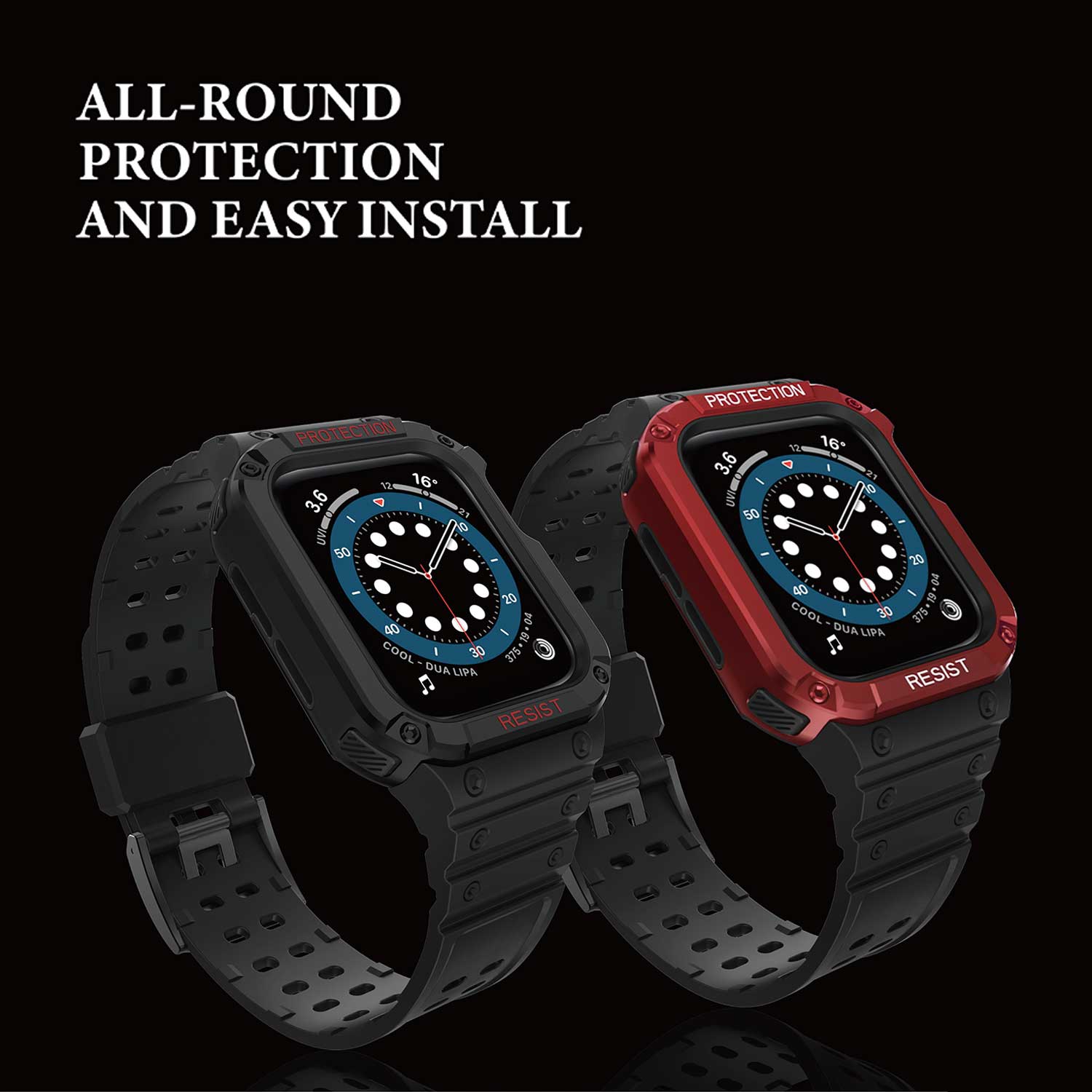 Tough On Apple Watch Band with Case Series 7 / 8 / 9 45mm Rugged Protection Black/Red