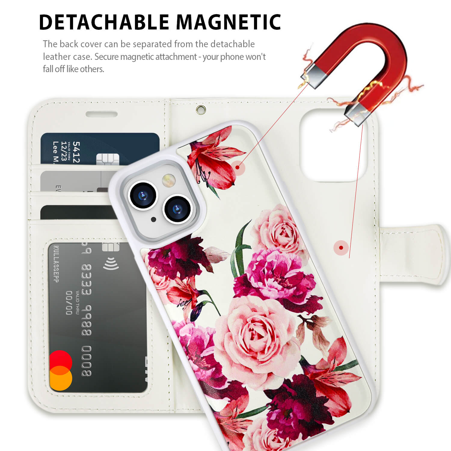 Tough On iPhone 13 Case Magnetic Detachable Leather Rose Flower