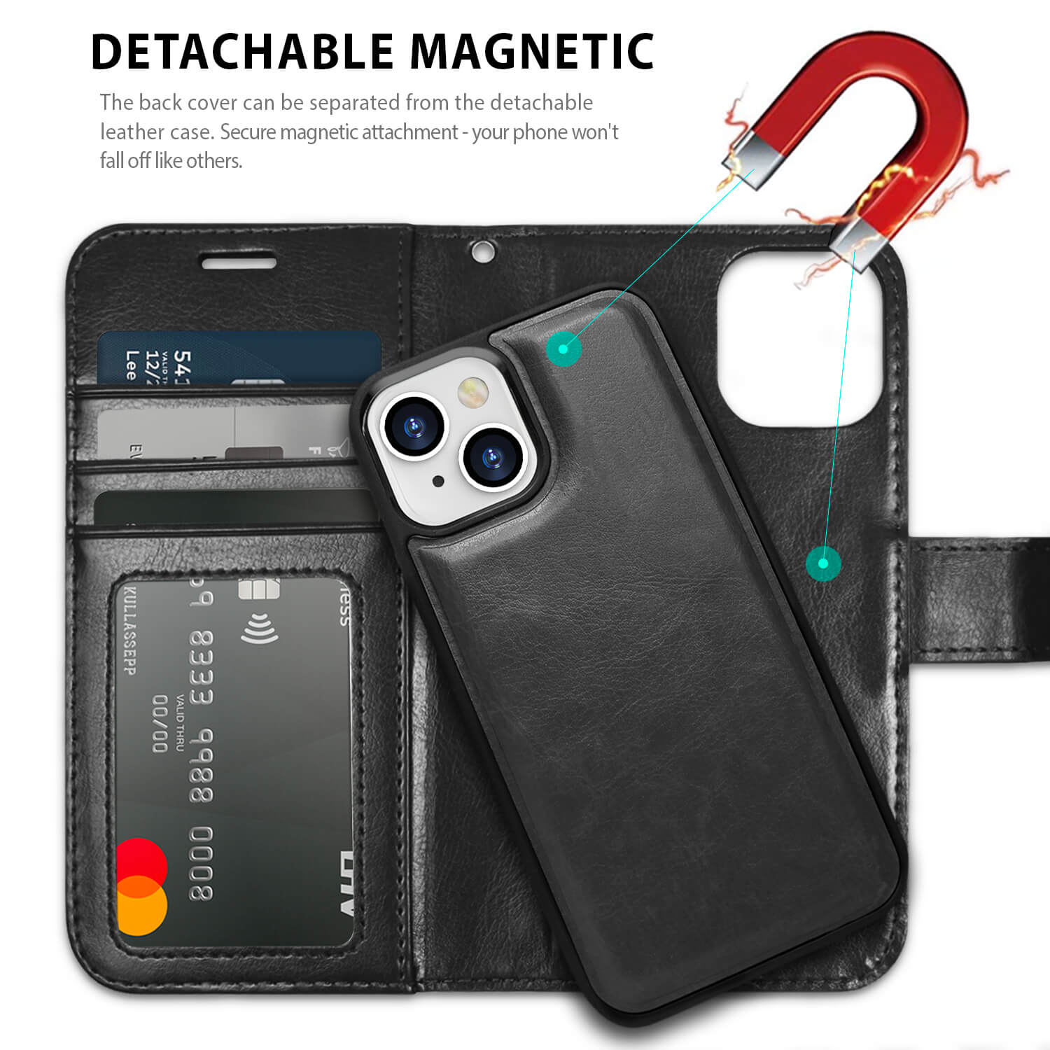 Tough On iPhone 13 Mini Case Magnetic Detachable Leather Black