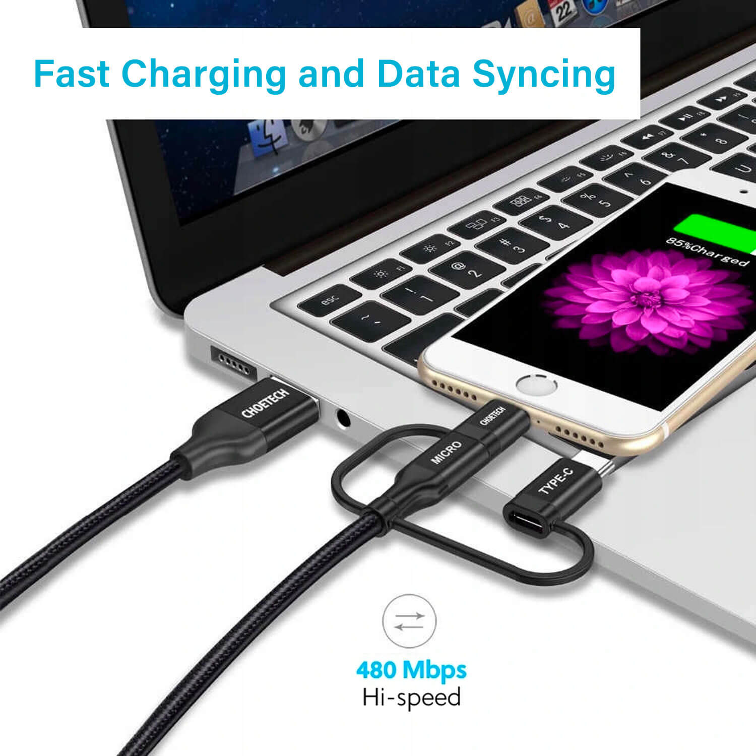 Choetech MFI Certified 3 in 1 Charging Cable Black