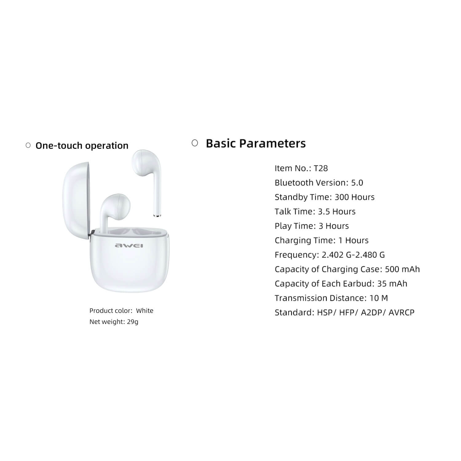 Awei T28 TWS Bluetooth Earphones White