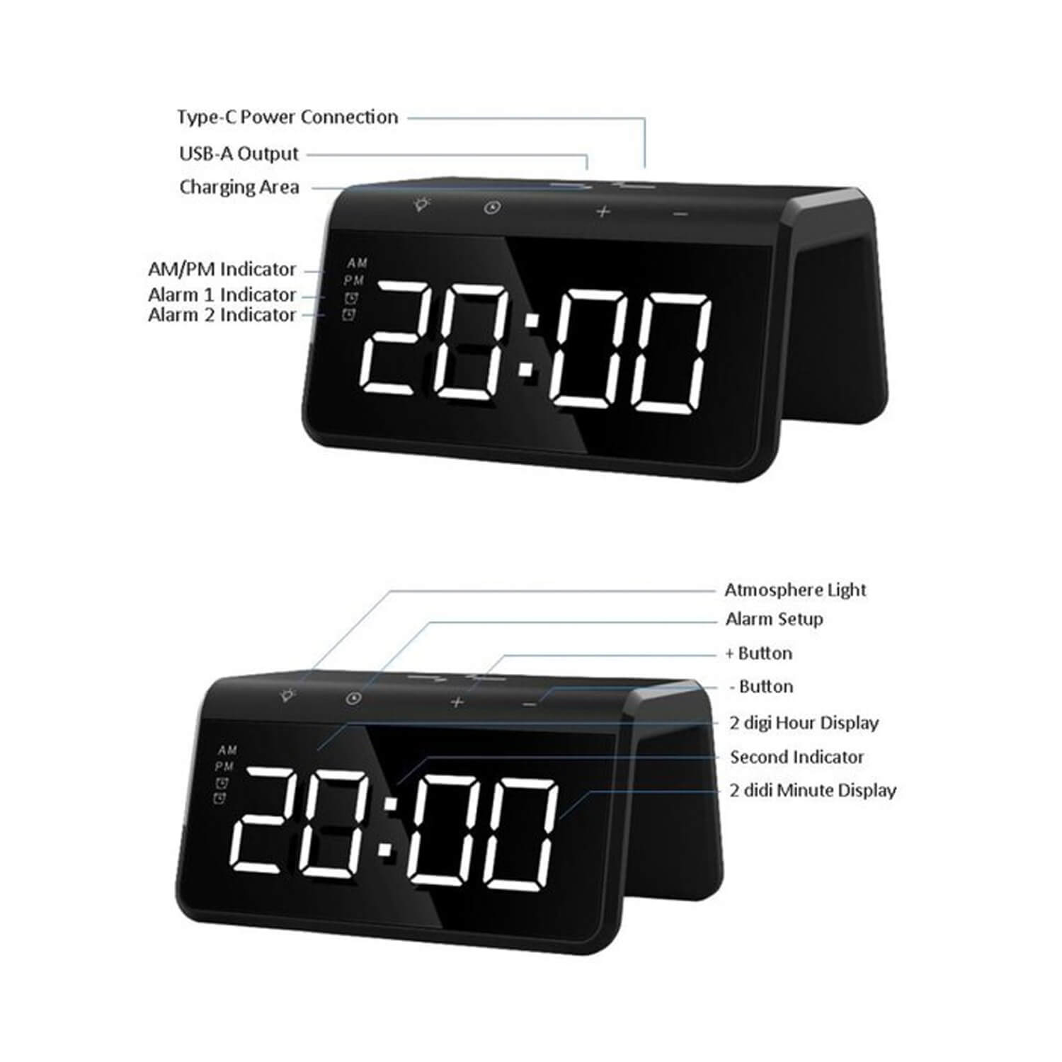 Rewyre Dual Alarm Clock & Wireless Charger USB 5V 10W RGB LED Night Light Black