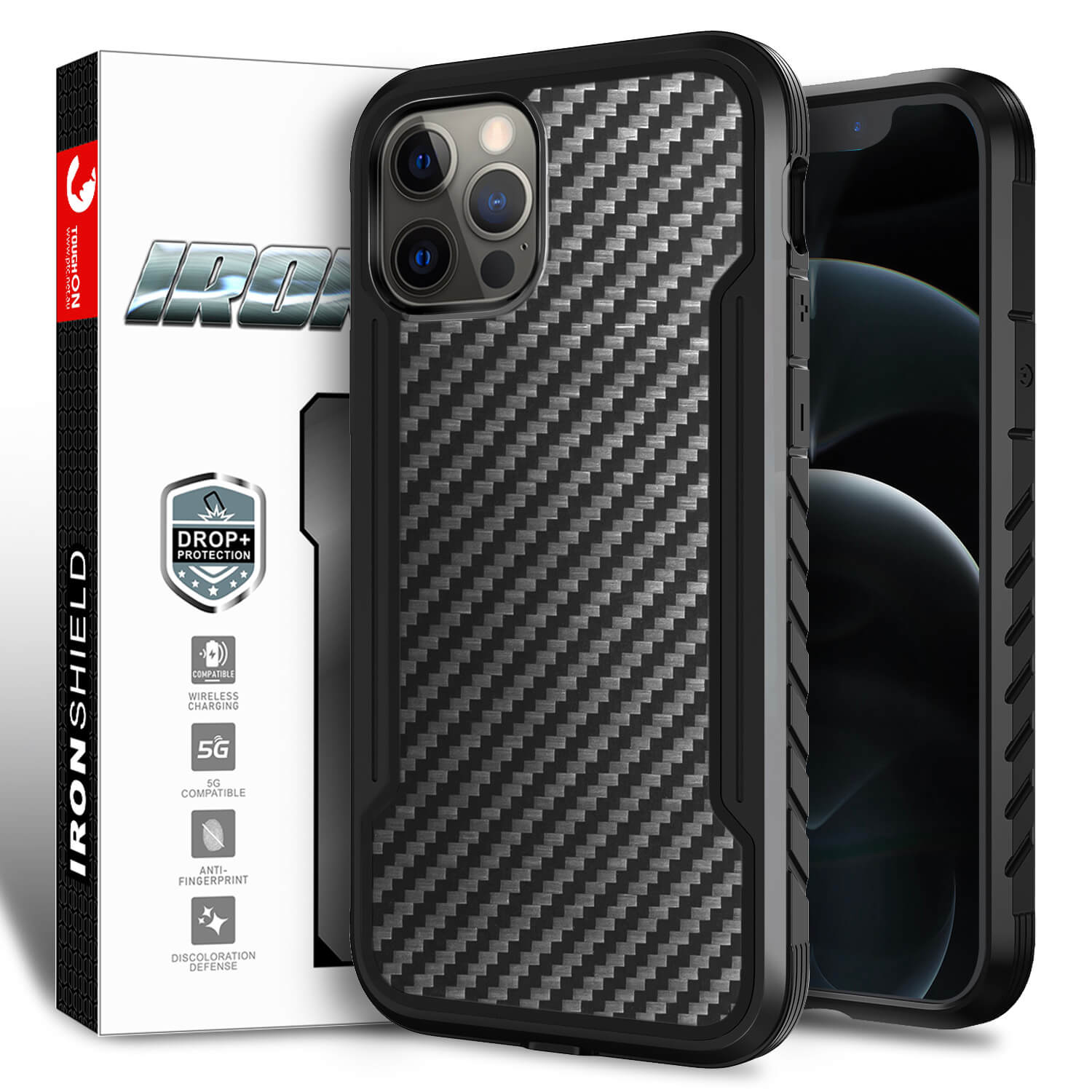 Tough On iPhone 12 / 12 Pro Case Iron Shield Carbon Fiber Black