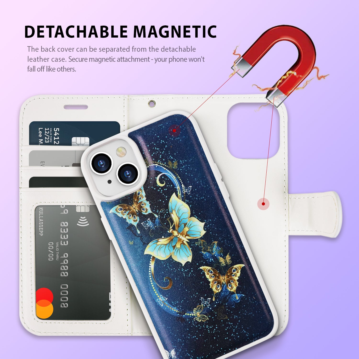 Tough On iPhone 14 Magnetic Detachable Case Leather Butterfly Blue Holly