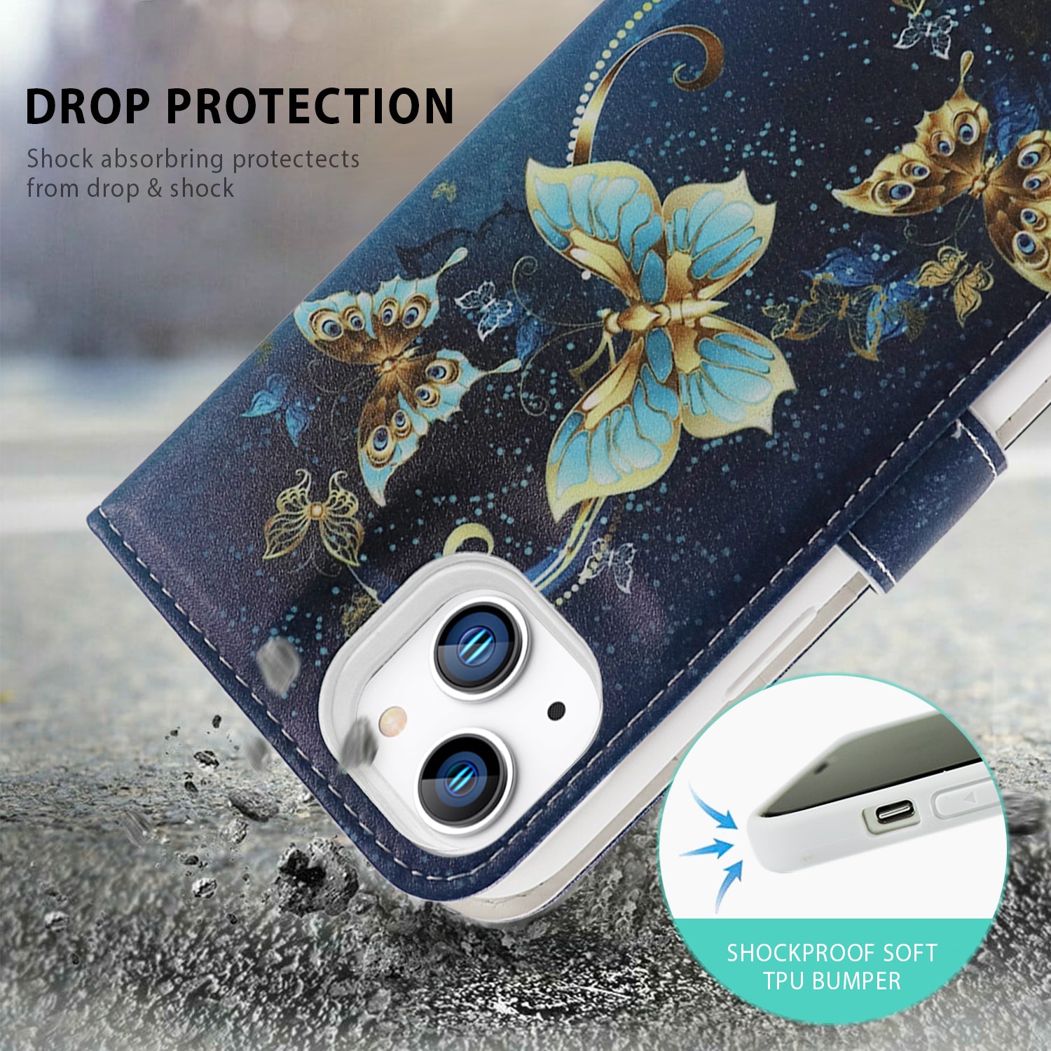 Tough On iPhone 14 Magnetic Detachable Case Leather Butterfly Blue Holly