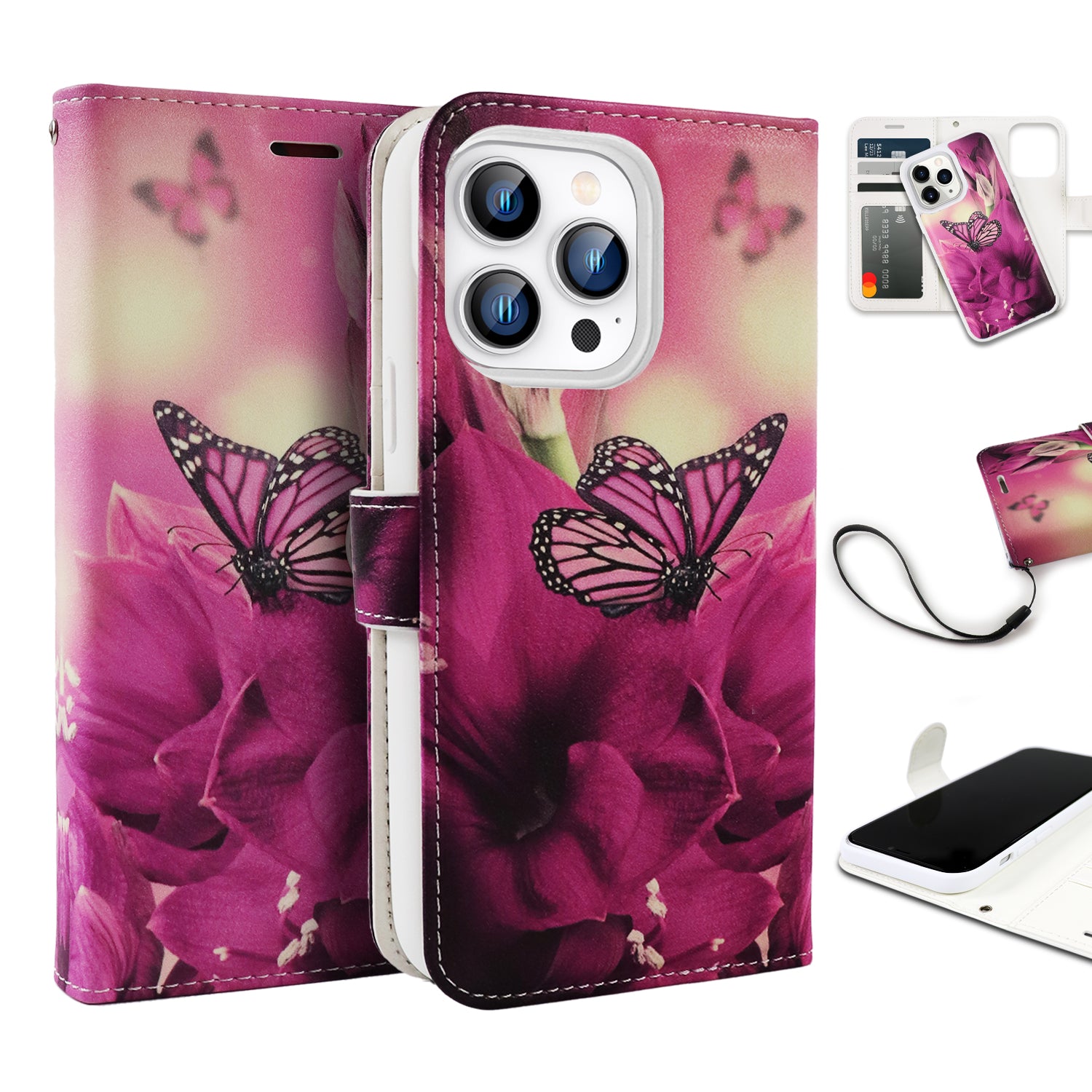 Tough On iPhone 14 Pro Max Magnetic Detachable Leather Butterfly Pink Lady
