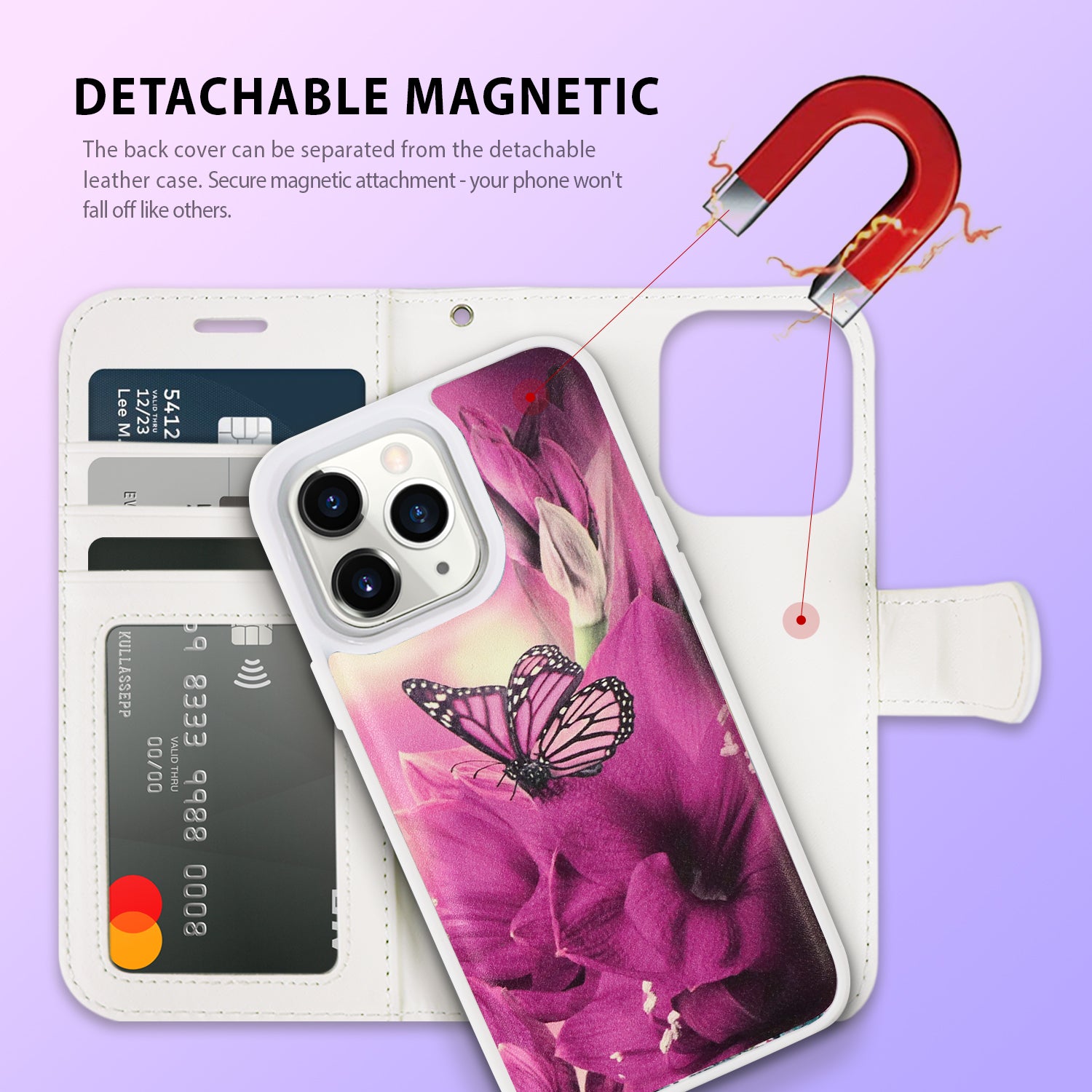 Tough On iPhone 14 Pro Max Magnetic Detachable Leather Case Butterfly Pink Lady