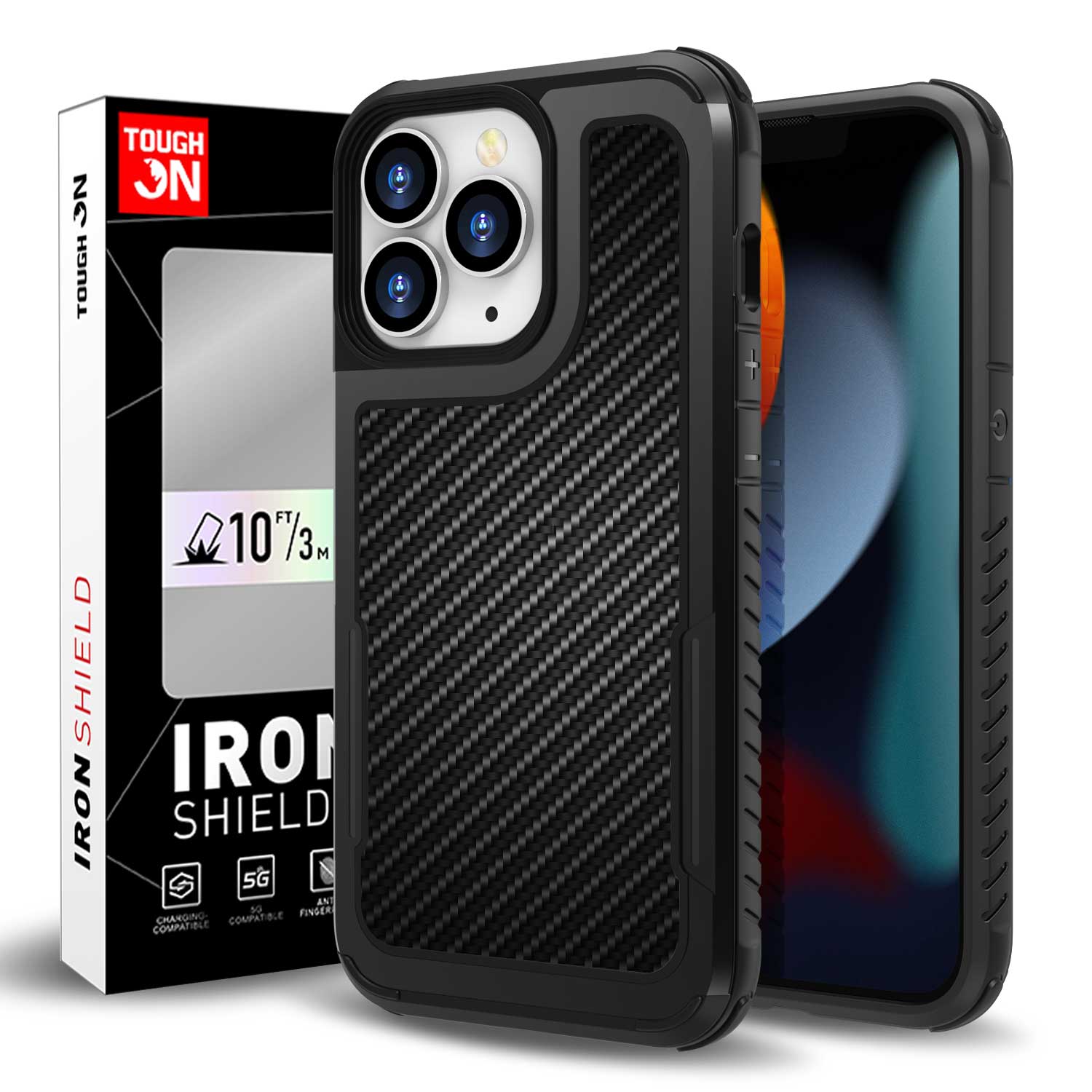 Tough On iPhone 13 Pro Max Case Iron Shield Carbon Fiber Black