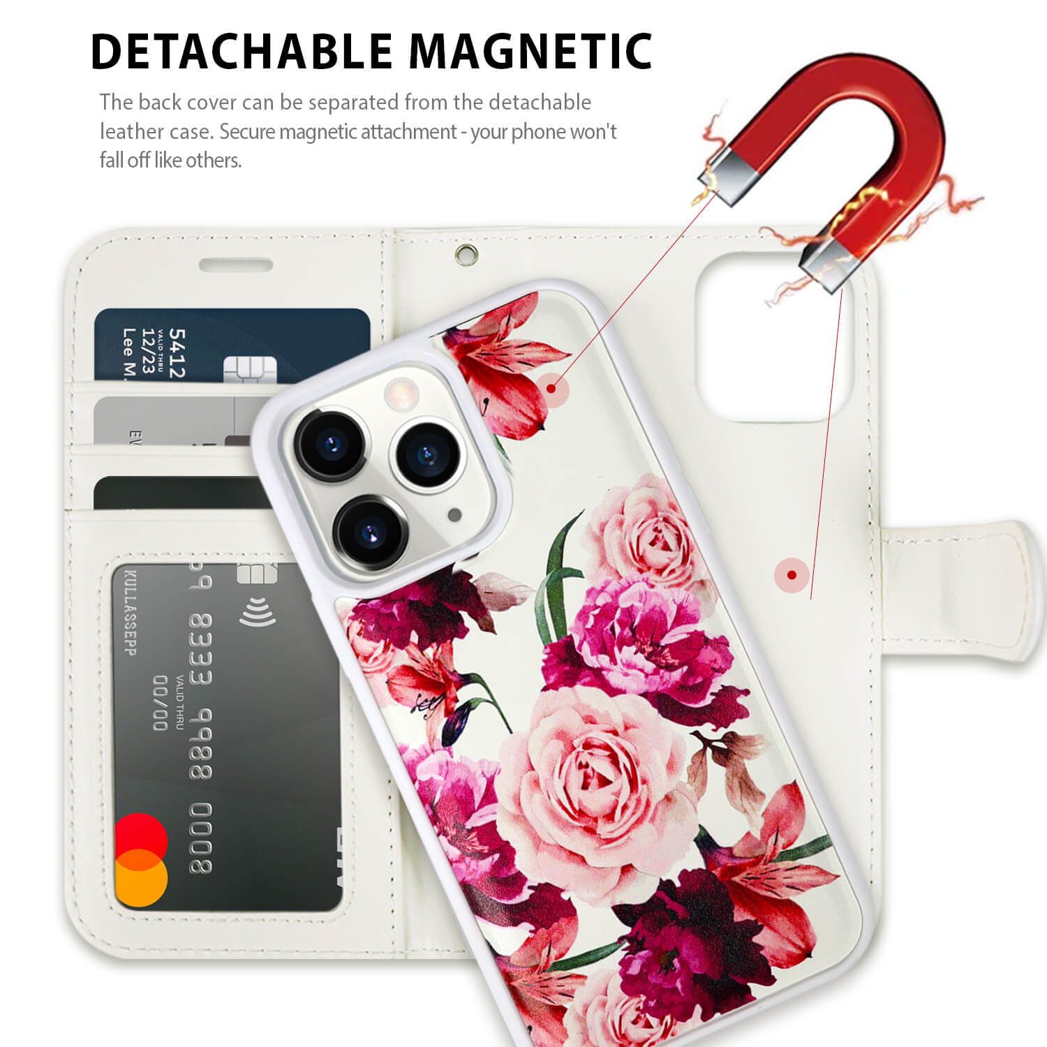 Tough On iPhone 13 Pro Max Case Magnetic Detachable Leather Rose Flower