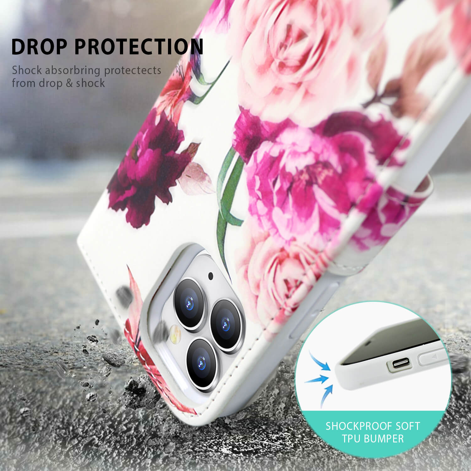 Tough On iPhone 13 Pro Max Case Magnetic Detachable Leather Rose Flower