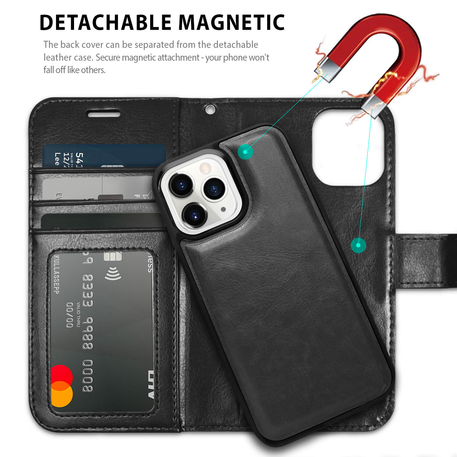 Tough On iPhone 13 Pro Max Case Magnetic Detachable Leather Black