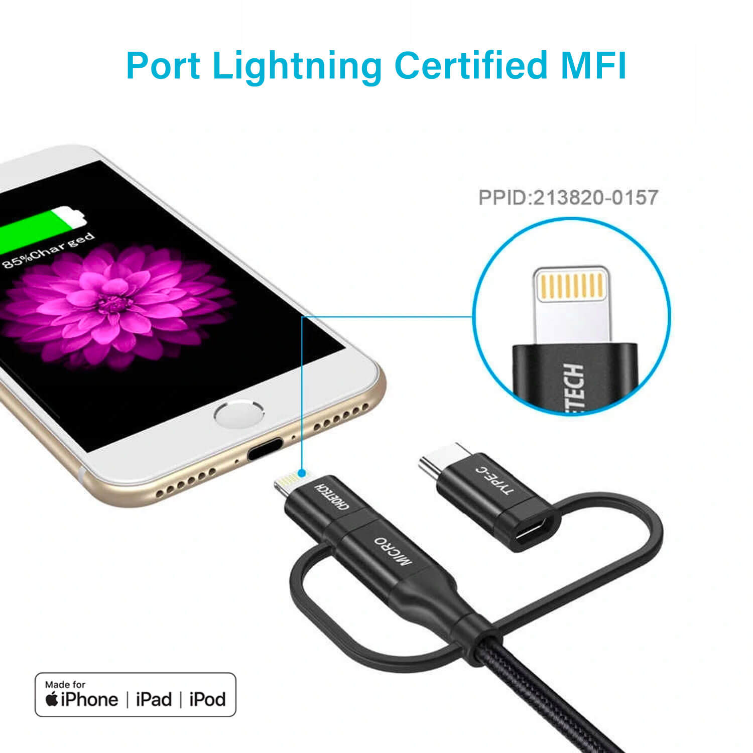 Choetech MFI Certified 3 in 1 Charging Cable Black