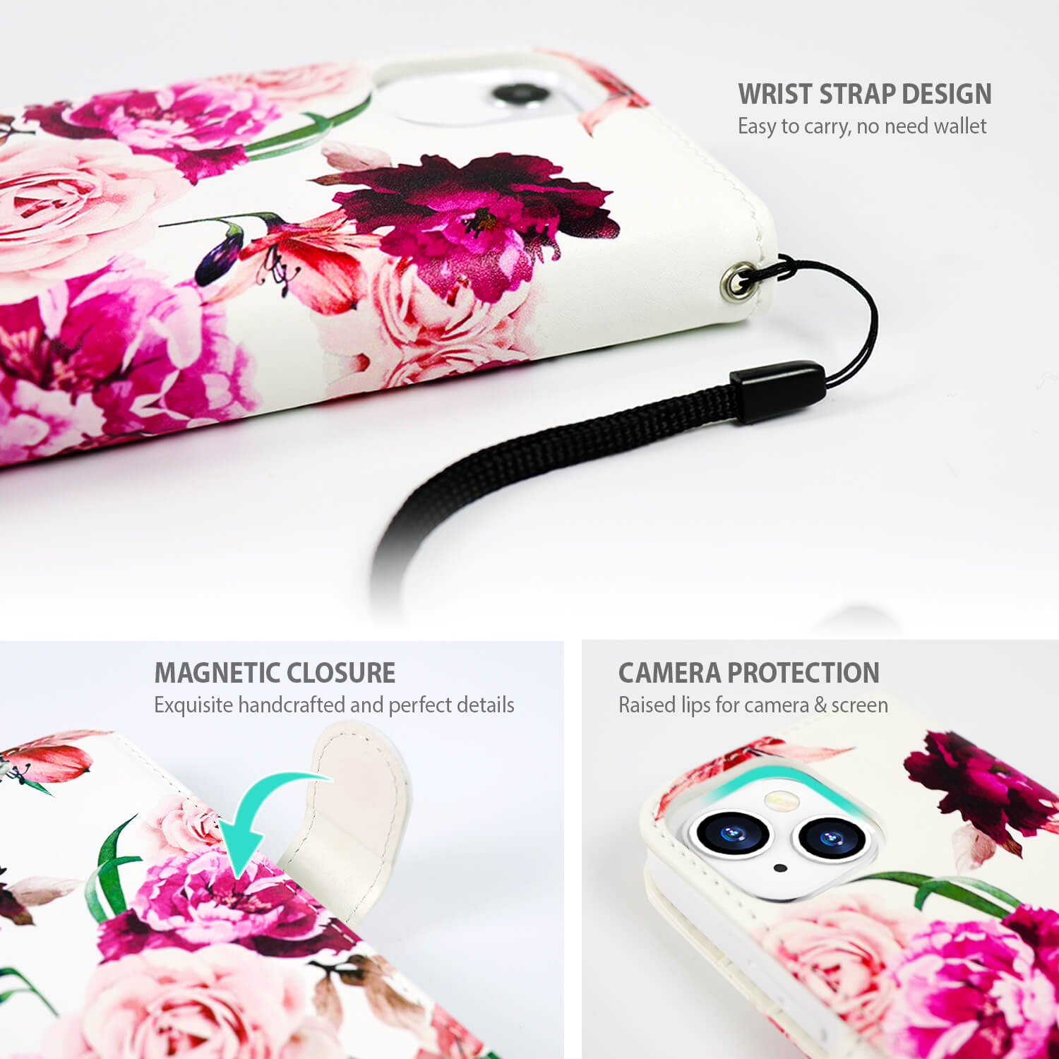 Tough On iPhone 13 Case Magnetic Detachable Leather Rose Flower