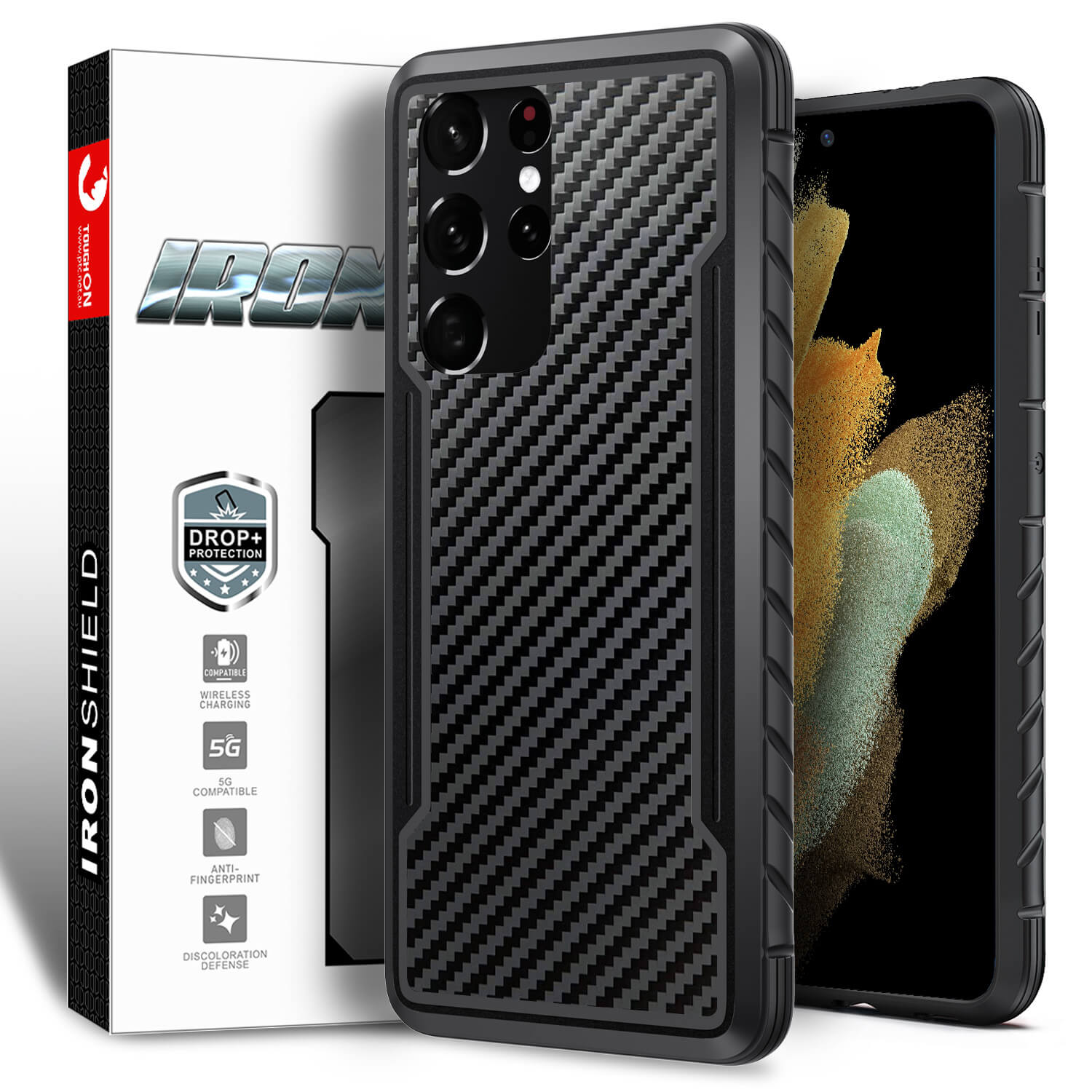 Tough On Samsung Galaxy S21 Ultra 5G Case Iron Shield Carbon Fiber Black