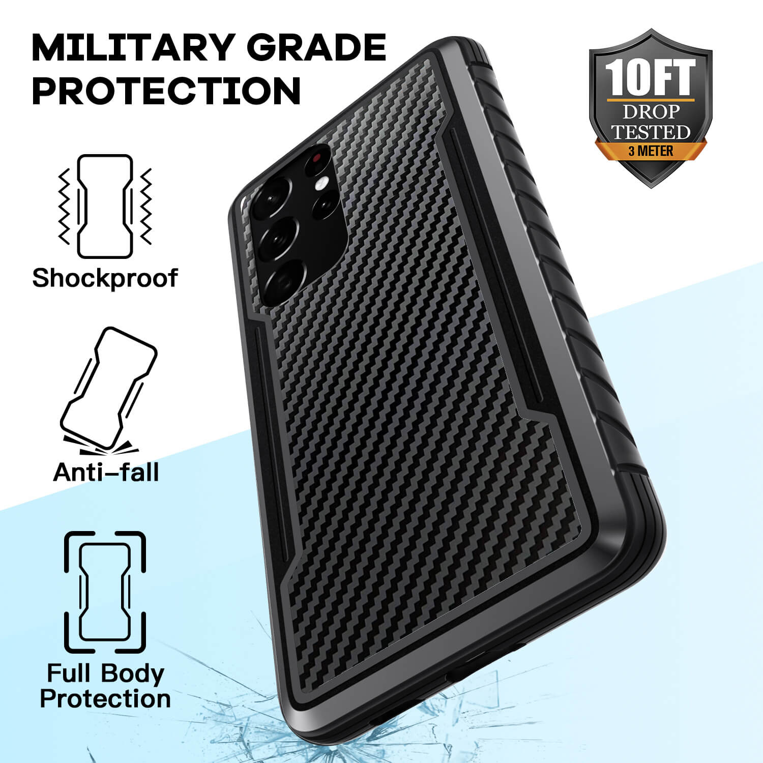 Tough On Samsung Galaxy S21 Ultra 5G Case Iron Shield Carbon Fiber Black